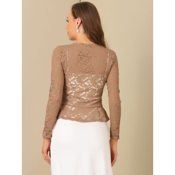 Floral Lace Shrug Tie Front Top Ruffled Hem Sheer Crop Bolero Cardigan Khaki - Picture 3 of 6